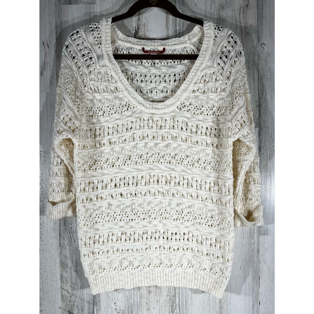 Unionbay Sweater Cream Open Knit Boho 3/4 Sleeve Scoop Neck Boho Beach Cottage